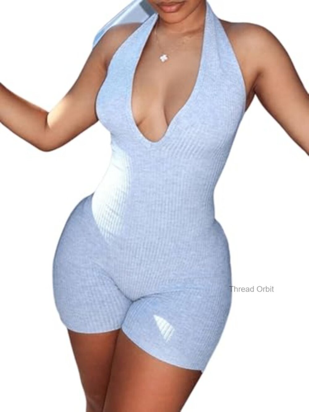 Deep V Neck Sleeveless Halter Romper Lace Up Backless Skinny Knit Jumpsuit
